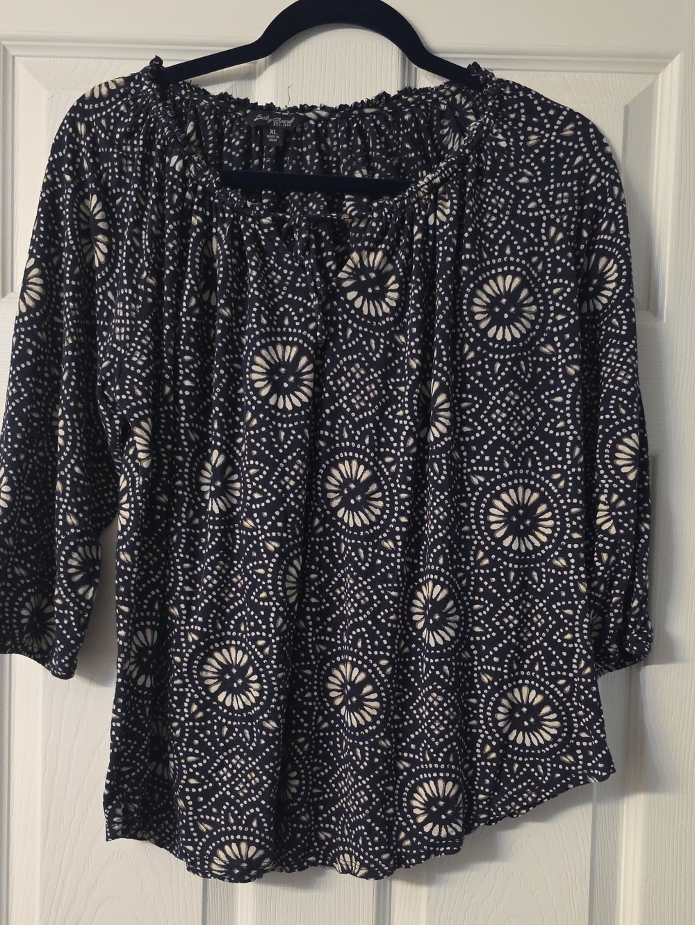 Lucky Brand Navy and White Printed Peasant Blouse